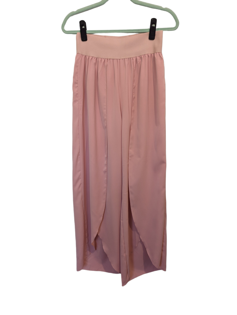 Pink High Waisted Back Waistband Pocket Palazzo Flowy Split Wide Leg Pants Med